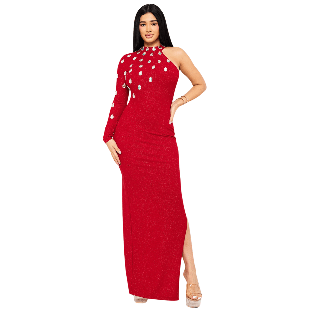 Laura Teardrop Rhinestone One shoulder Maxi Dress