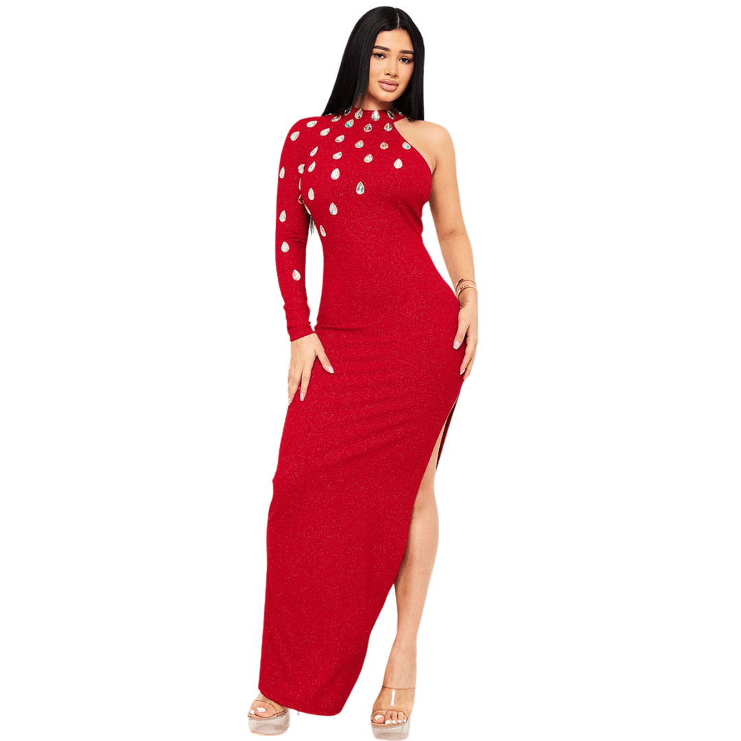 Laura Teardrop Rhinestone One shoulder Maxi Dress