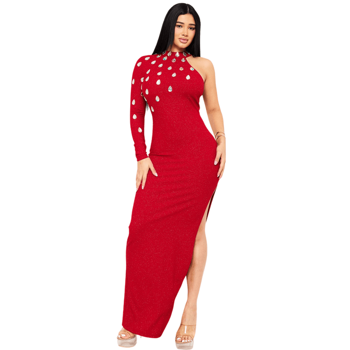 Laura Teardrop Rhinestone One shoulder Maxi Dress