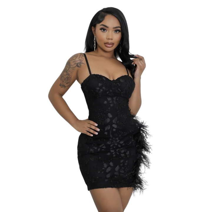 Nellie Semi-Stretch Adjustable Straps Faux Feathers Mini Dress