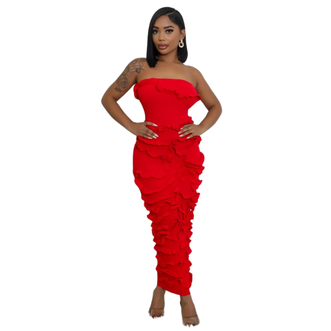 La Belle Tube Knitted Ruffle Texture Stretch Maxi Dress