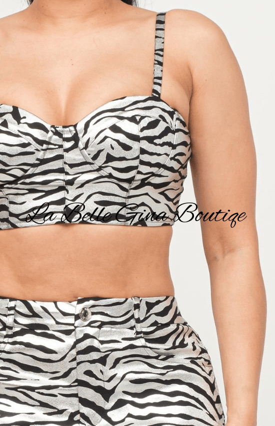 Lisa  Sleeveless Cropped Top white pants Set-Black/Silver