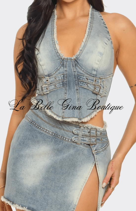 2PCS Denim Top Halter neck and Skirt Set