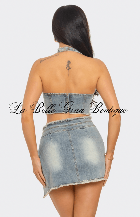 2PCS Denim Top Halter neck and Skirt Set