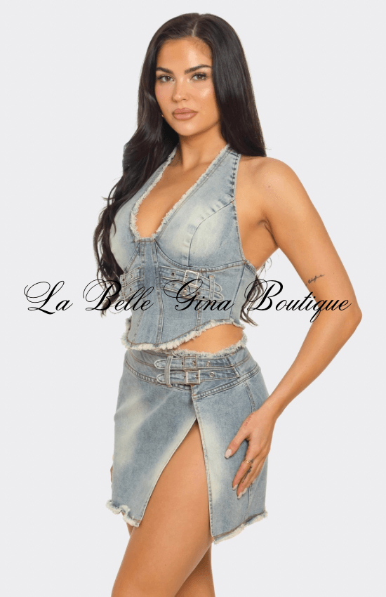 2PCS Denim Top Halter neck and Skirt Set