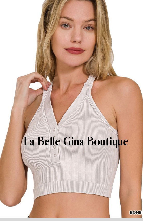 Djoune Washed Cropped Button V-Neck Tank Top