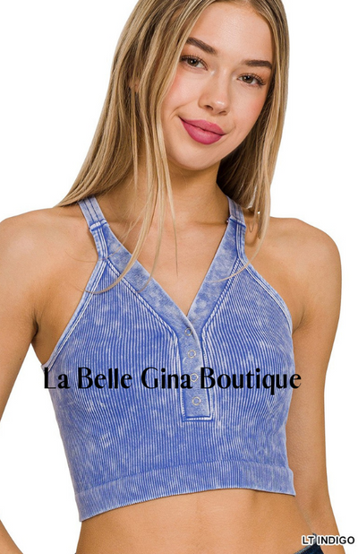 Djoune Washed Cropped Button V-Neck Tank Top