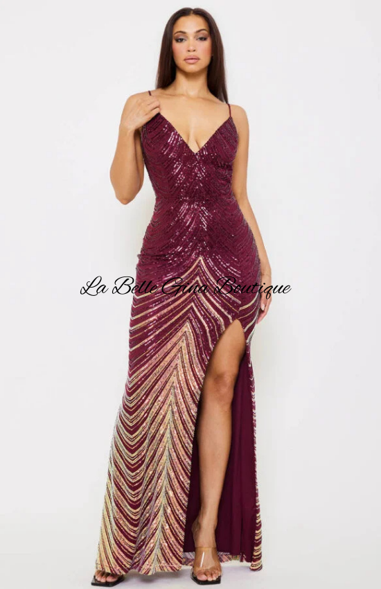 Djoune Ombre Sequin Chevron Pattern Open Back Maxi Dress-Maroon