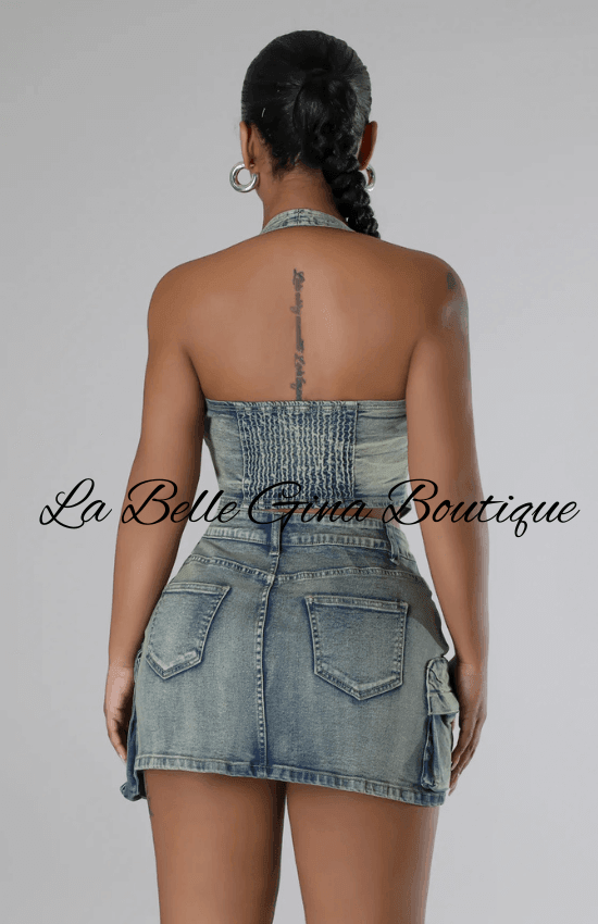 Megan Halter Neck Bra Top and Mini Skirt Set-Denim