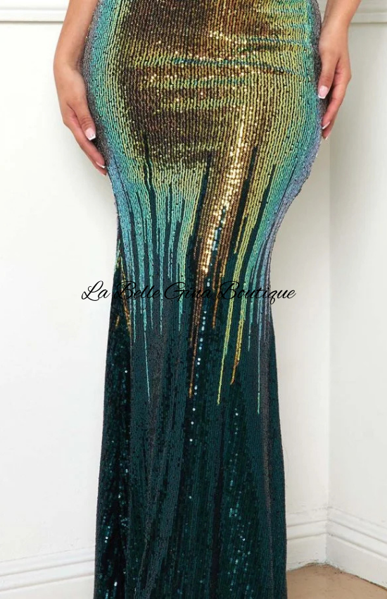 Gina Sequin Two Tone Maxi Dress-Hunter Green