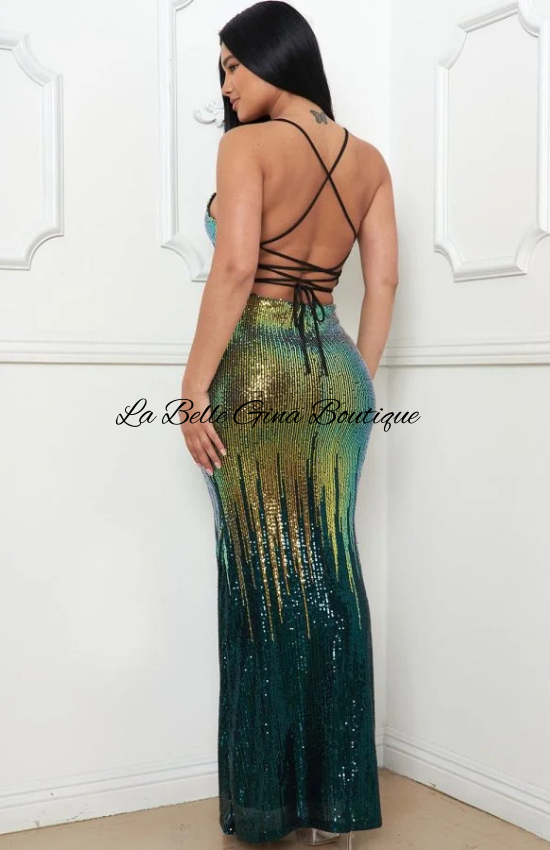 Gina Sequin Two Tone Maxi Dress-Hunter Green