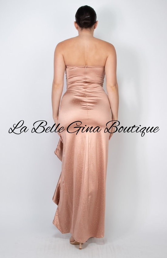 Erline Shirred Details Wrap Tube Rhinestone Designed Bottom Split Maxi Dress-Rose Gold