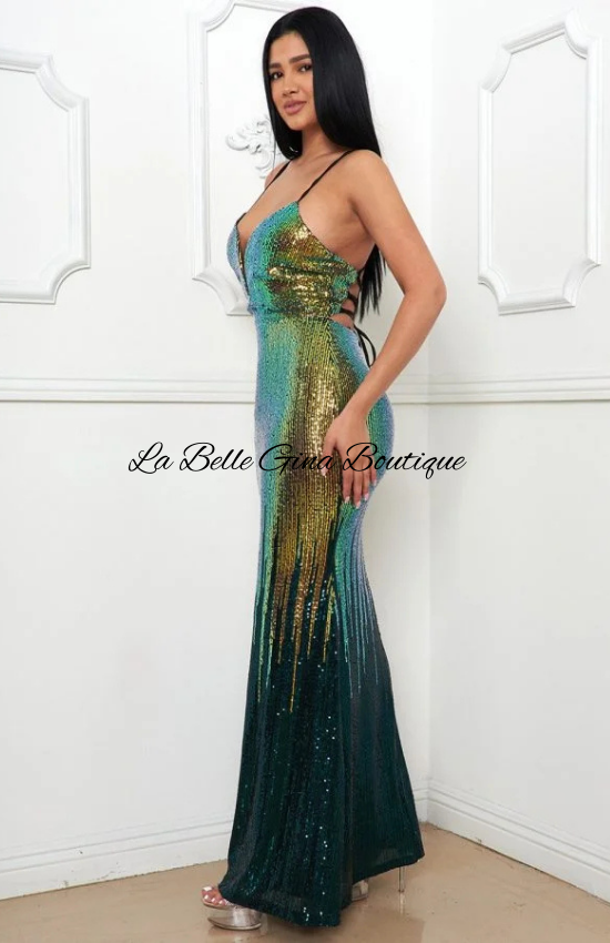 Gina Sequin Two Tone Maxi Dress-Hunter Green