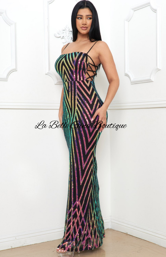 Lisa Pattern Sequin Criss Cross Maxi Dress