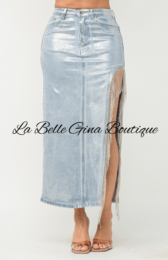 Lisa Denim Metalic Foil Side Slit Rhinestone Skirt