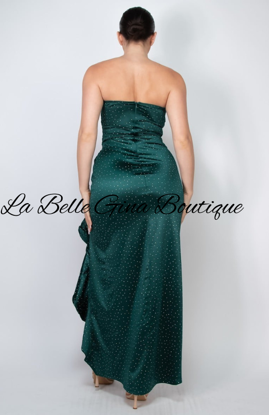 Erline Shirred Details Wrap Tube Rhinestone Designed Bottom Split Maxi Dress-Emerald