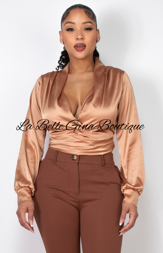 Mya Satin Long sleeves Deep V-Neck Crop Top womenswear