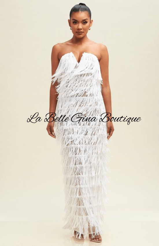 Gina Sequin Strapless V-Neck Fringe Maxi Dress-White