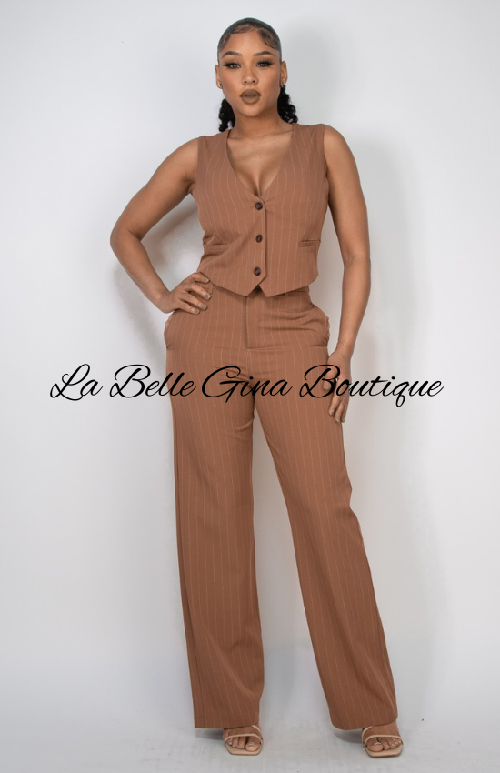 Lidia High-Rise Striped Velour Wide Pants and Buttoned Crop Top Set