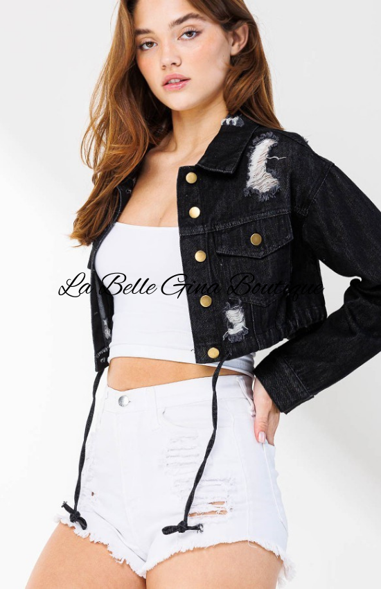 Sadia  String Denim Mini Jacket-Black