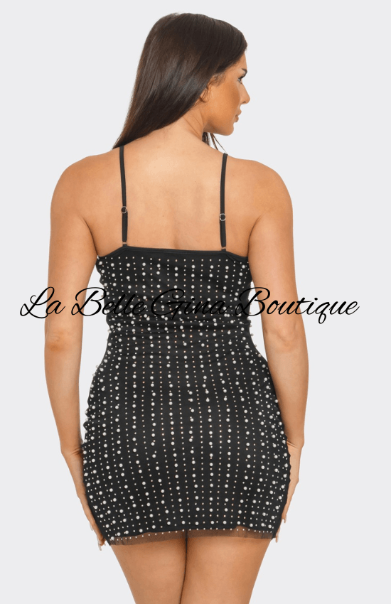 Lina Mesh Inside Linning Peal Beaded Rhinestone Mini Dress