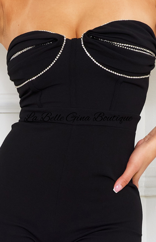 Gina Rhinestone Chain On Bust Jumpsuit-Black