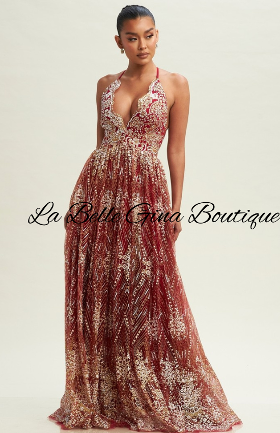 Sandy Glitter Floral Maxi Dress-Wine