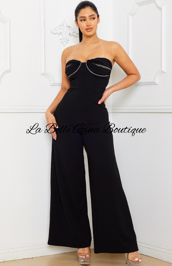 Gina Rhinestone Chain On Bust Jumpsuit-Black