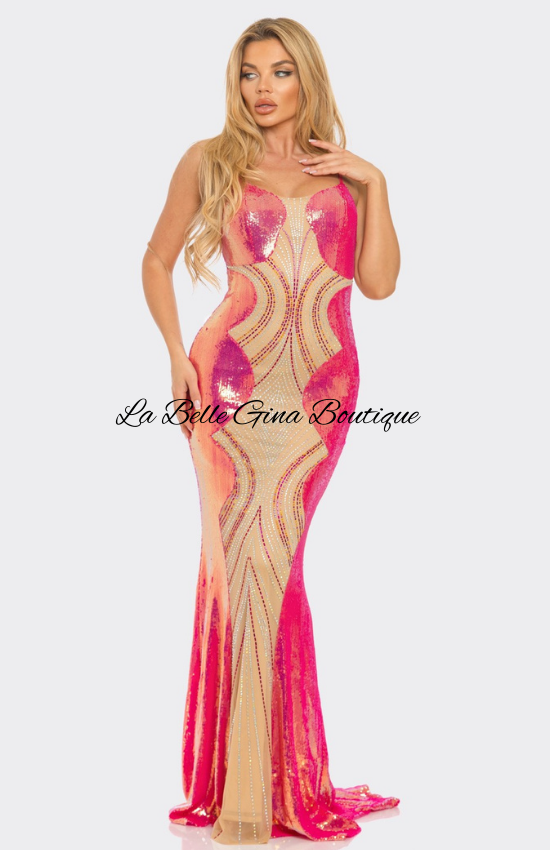 Kellie Sequin Rhinestone Embellished Maxi Dress-Fuchsia