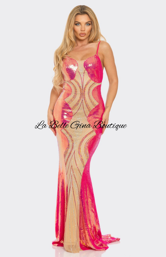 Kellie Sequin Rhinestone Embellished Maxi Dress-Fuchsia