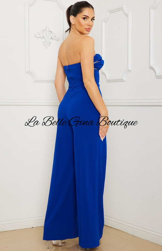 Gina Rhinestone Chain On Bust Jumpsuit-Royal Blue