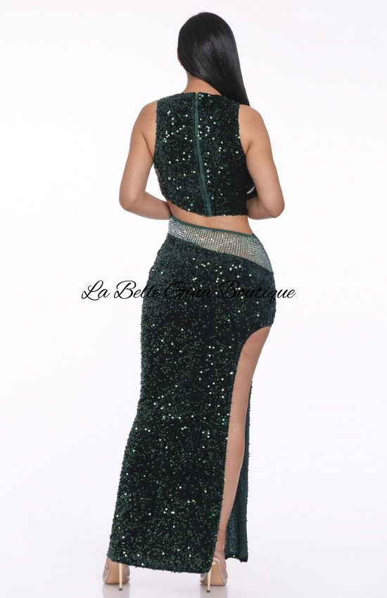 Laura Sequin 2pcs Top & Skirt Set-Hunter Green