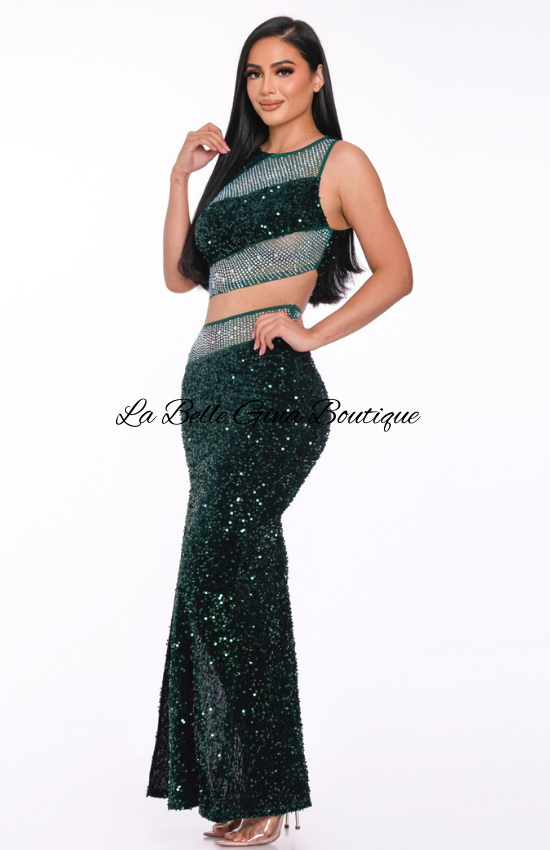 Laura Sequin 2pcs Top & Skirt Set-Hunter Green