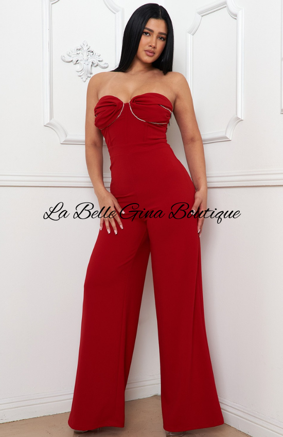 Gina Rhinestone Chain On Bust Jumpsuit-Red