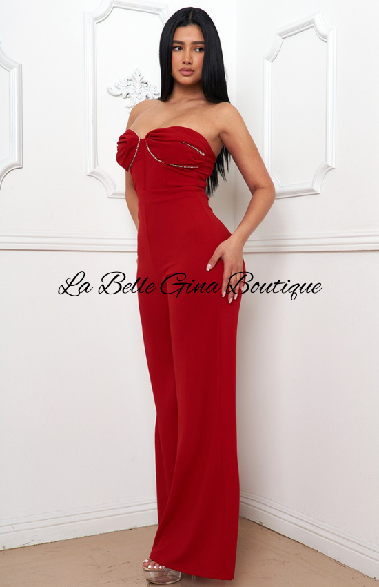 Gina Rhinestone Chain On Bust Jumpsuit-Red