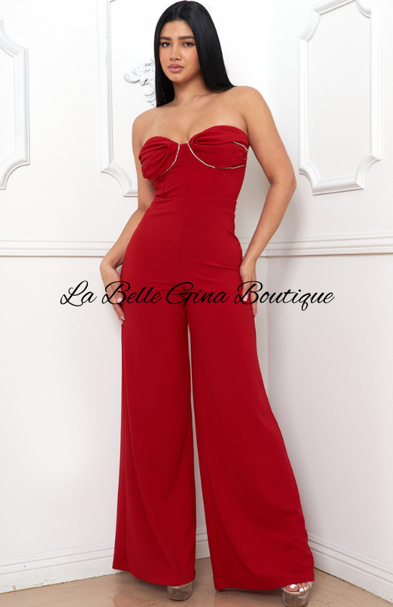 Gina Rhinestone Chain On Bust Jumpsuit-Red