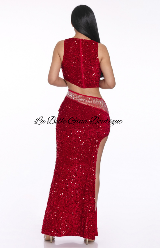 Laura Sequin 2pcs Top & Skirt Set-Red