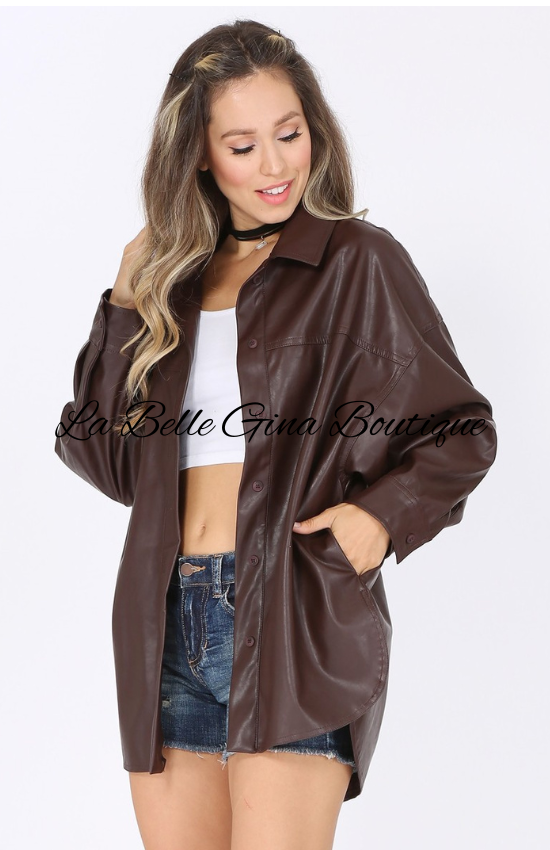 Marthe Faux Leather Long Sleeve Front button Jacket