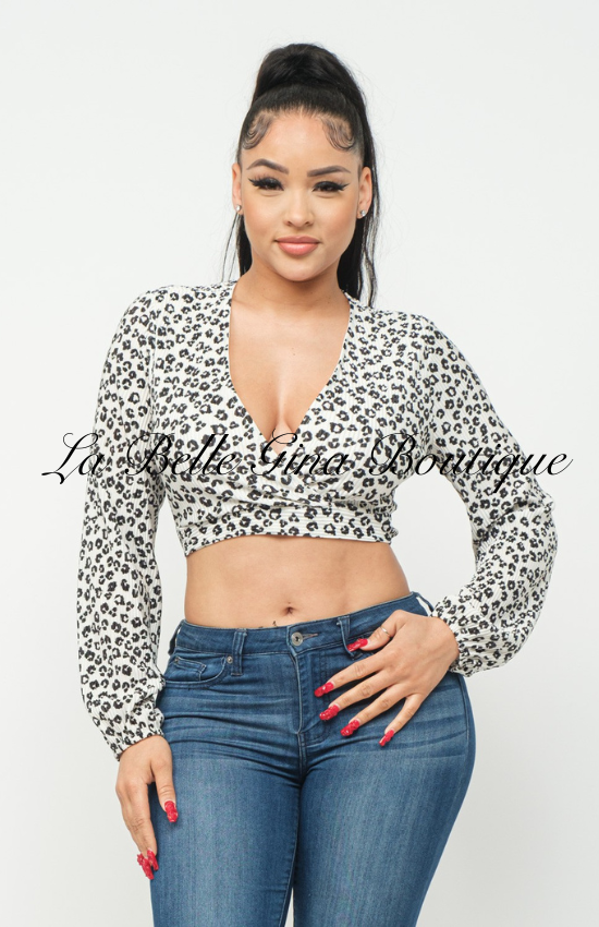 Mya plisse Pleated Cheetah Print Deep V-Neck