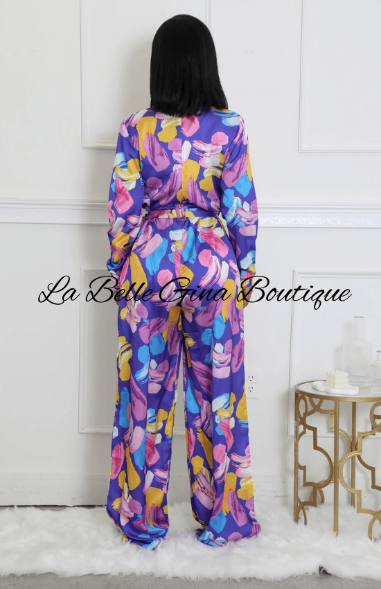 Floral Non Stretch V-Neck Long Sleeves Pocket Wide-Leg Jumpsuit