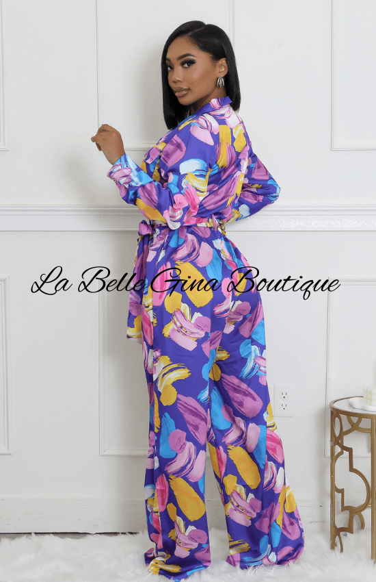 Floral Non Stretch V-Neck Long Sleeves Pocket Wide-Leg Jumpsuit