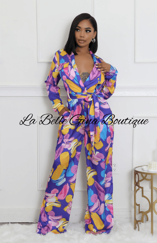 Floral Non Stretch V-Neck Long Sleeves Pocket Wide-Leg Jumpsuit