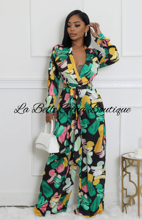 Floral Non Stretch V-Neck Long Sleeves Pocket Wide-Leg Jumpsuit