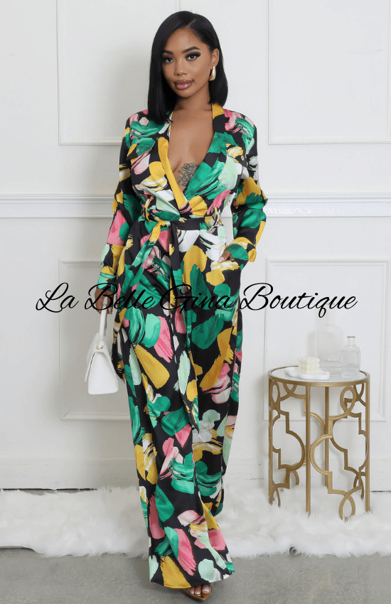 Floral Non Stretch V-Neck Long Sleeves Pocket Wide-Leg Jumpsuit