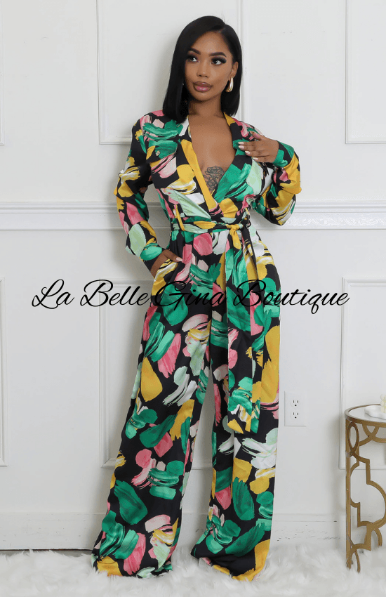 Floral Non Stretch V-Neck Long Sleeves Pocket Wide-Leg Jumpsuit