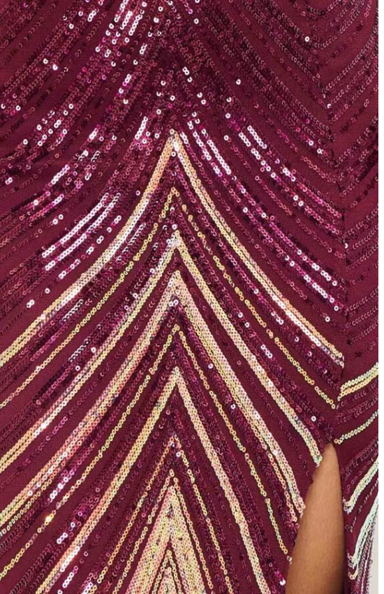 Djoune Ombre Sequin Chevron Pattern Open Back Maxi Dress-Maroon