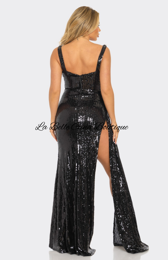 Sara Sequin Pearl Embellished Side Draping Maxi Dress-Black