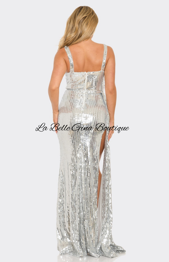 Sara Sequin Pearl Embellished Side Draping Maxi Dress-Silver