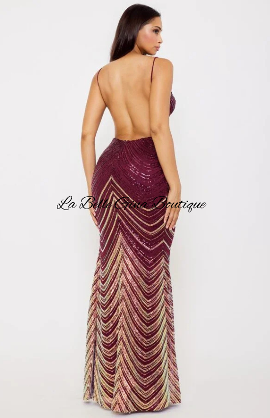 Djoune Ombre Sequin Chevron Pattern Open Back Maxi Dress-Maroon