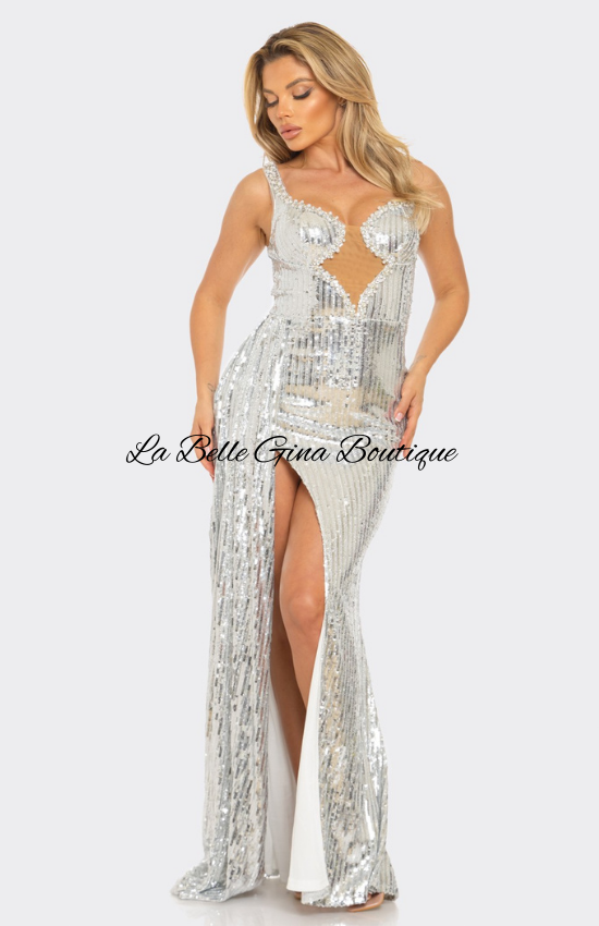 Sara Sequin Pearl Embellished Side Draping Maxi Dress-Silver